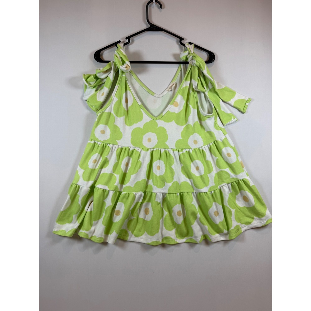 Green White Floral Babydoll Tank Top Tie Shoulder Tiered Sleeveless